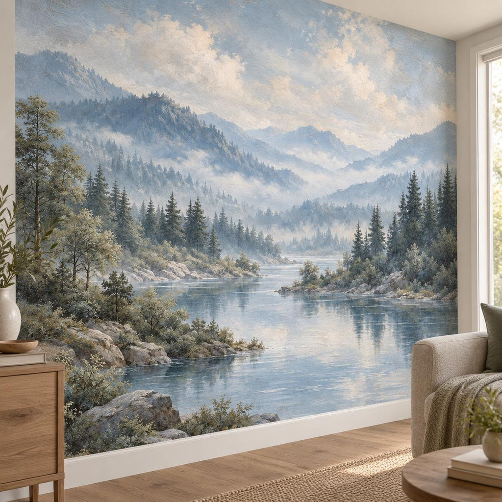 Powder Blue Forest: installed wall detail wallpaper mockup