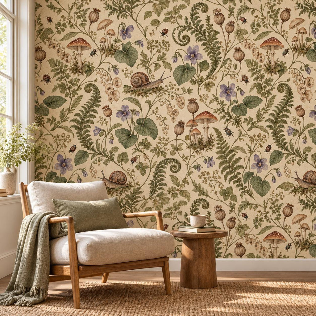 Snail Mushroom: reading nook wallpaper mockup