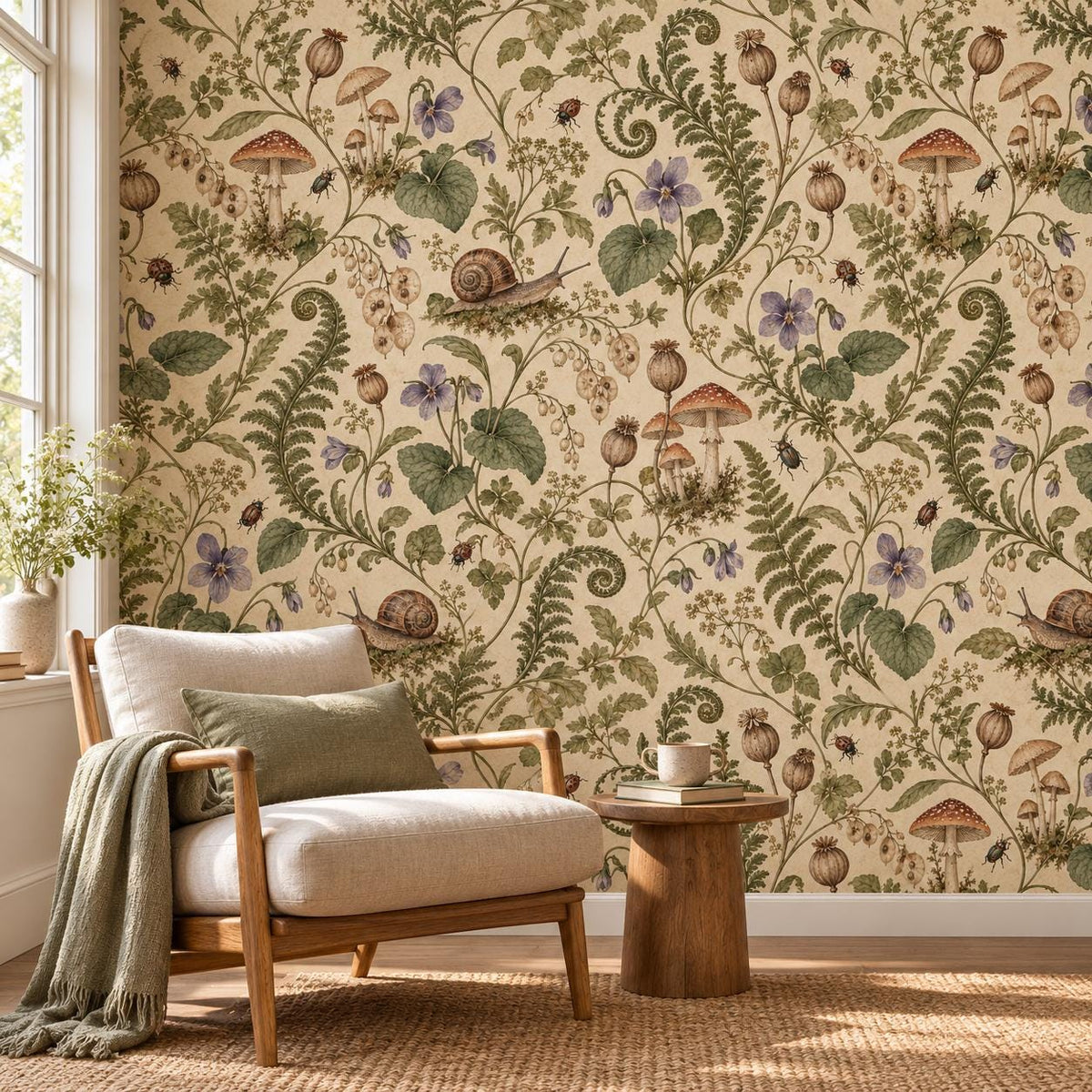 Snail Mushroom: reading nook wallpaper mockup