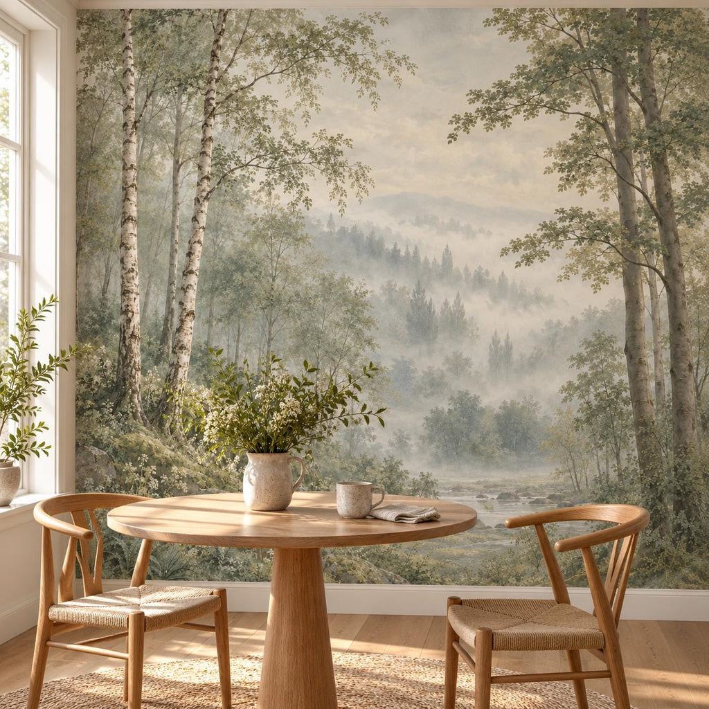 Misty Sage Forest: breakfast nook wallpaper mockup