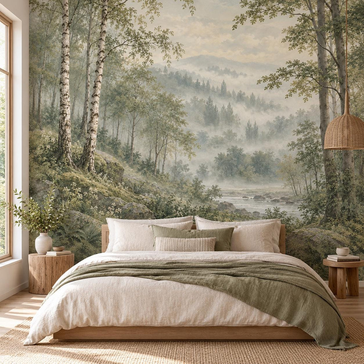 Misty Sage Forest: bedroom wallpaper mockup
