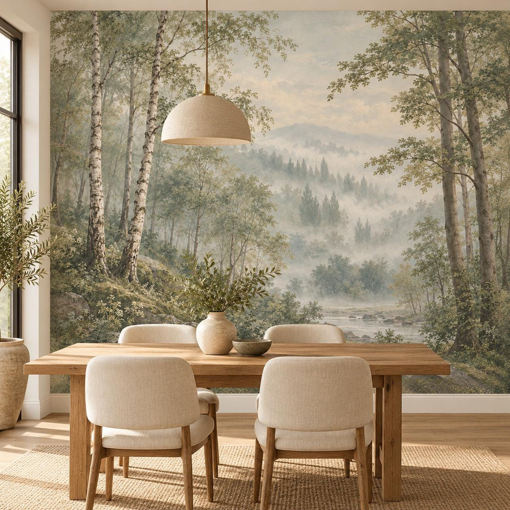 Misty Sage Forest: dining room wallpaper mockup