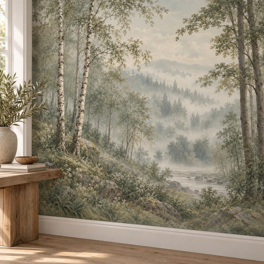 Misty Sage Forest: installed wall detail wallpaper mockup