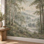 Misty Sage Forest: installed wall detail wallpaper mockup