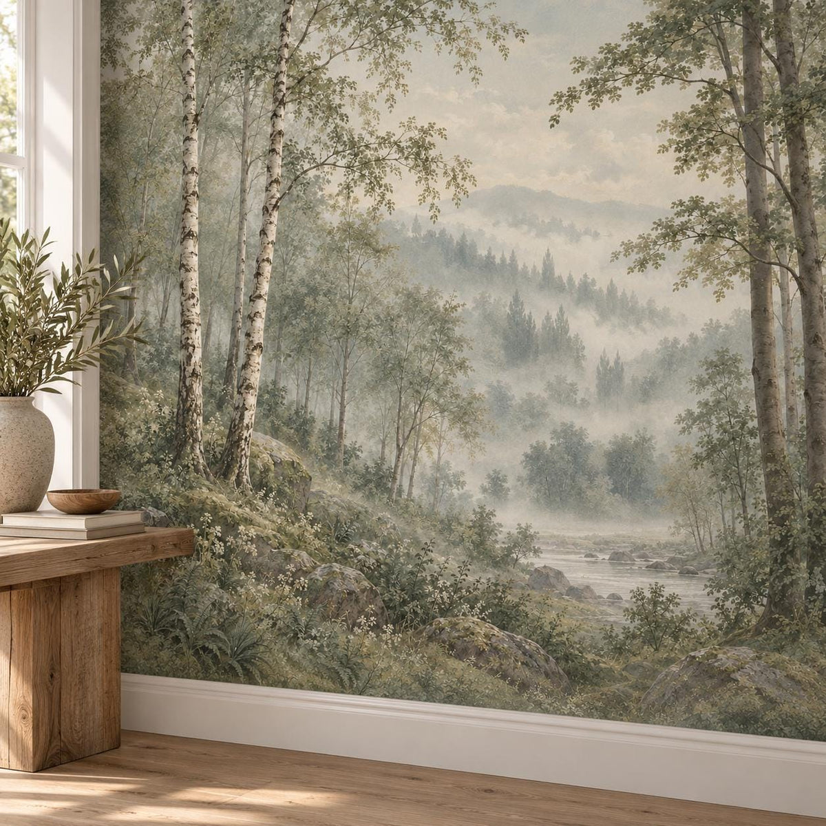 Misty Sage Forest: installed wall detail wallpaper mockup