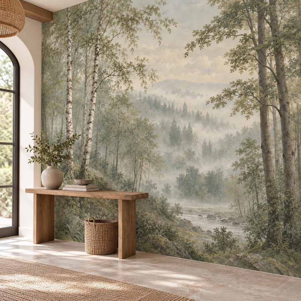 Misty Sage Forest: entryway wallpaper mockup
