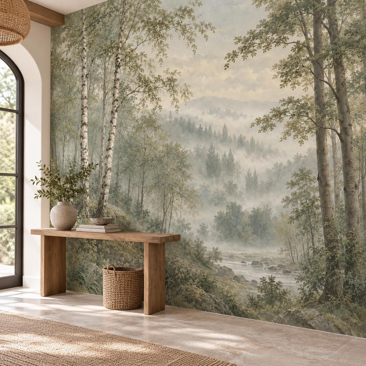 Misty Sage Forest: entryway wallpaper mockup