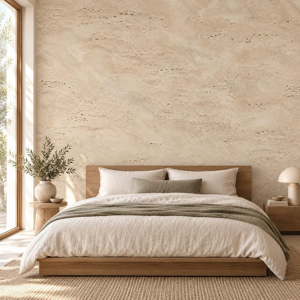 Travertine: bedroom wallpaper mockup