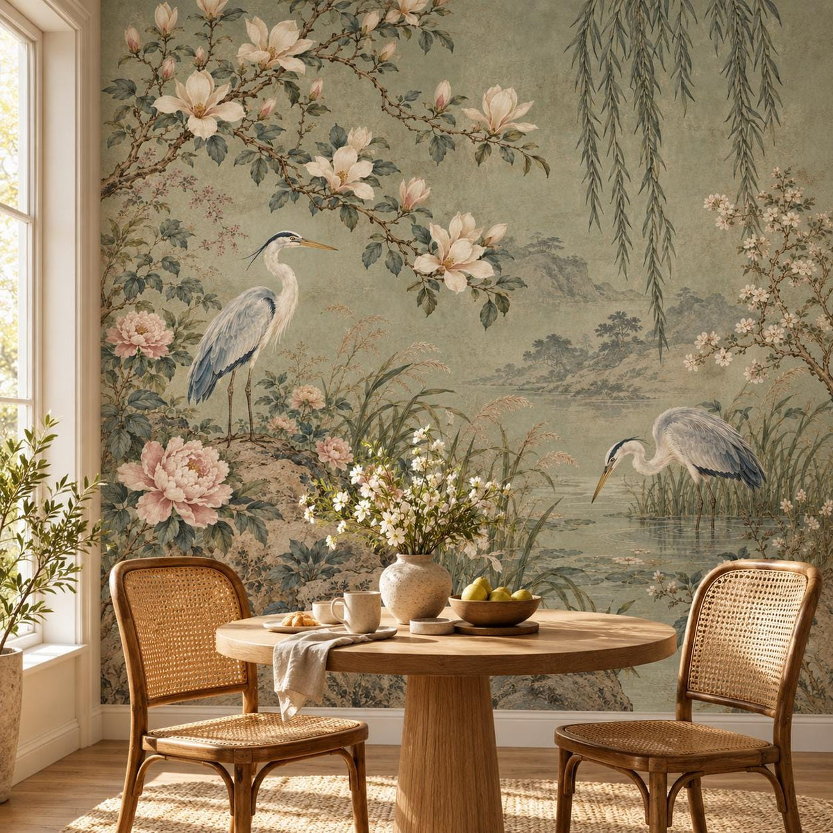Sage Chinoiserie: breakfast nook wallpaper mockup