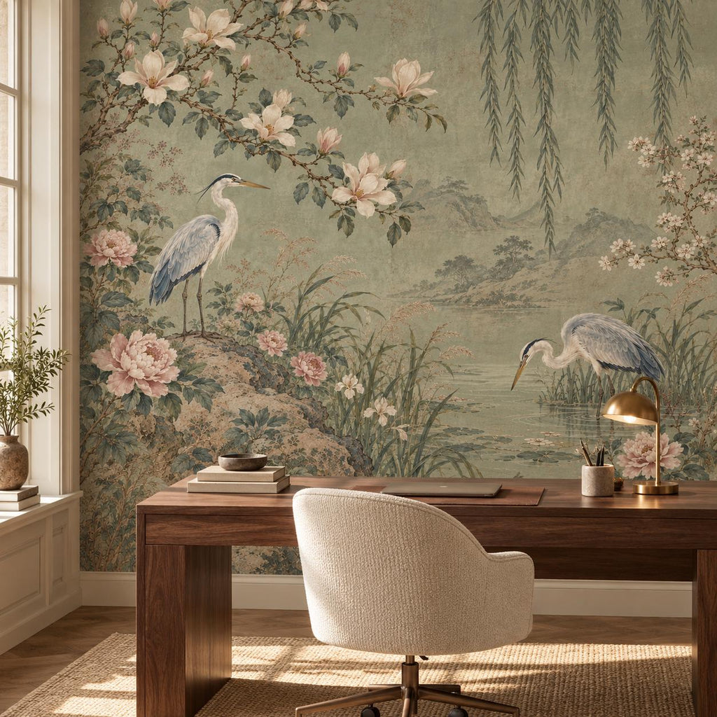 Sage Chinoiserie: home office wallpaper mockup