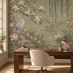 Sage Chinoiserie: home office wallpaper mockup