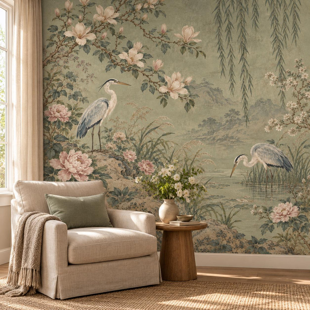 Sage Chinoiserie: reading nook wallpaper mockup