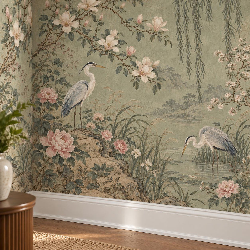Sage Chinoiserie: installed wall detail wallpaper mockup