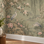 Sage Chinoiserie: installed wall detail wallpaper mockup