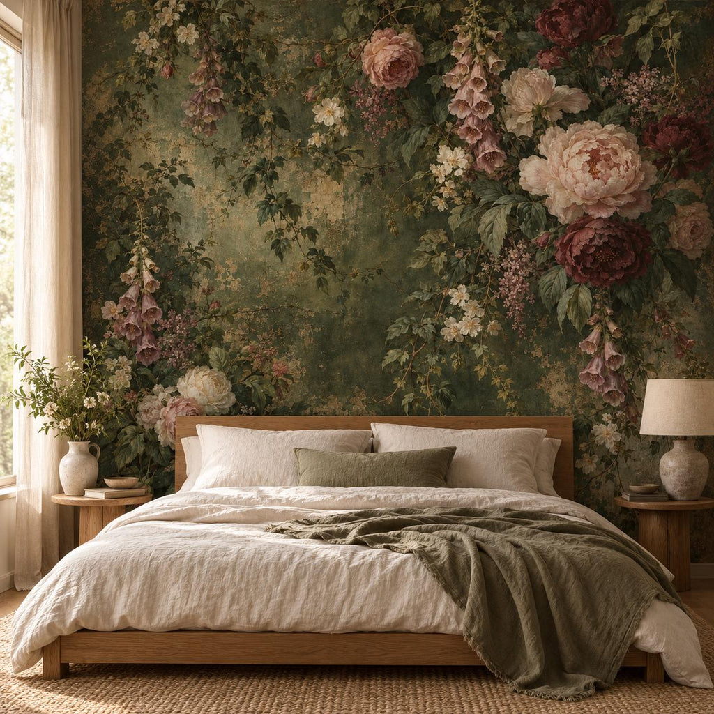 Aged Green Floral: bedroom wallpaper mockup