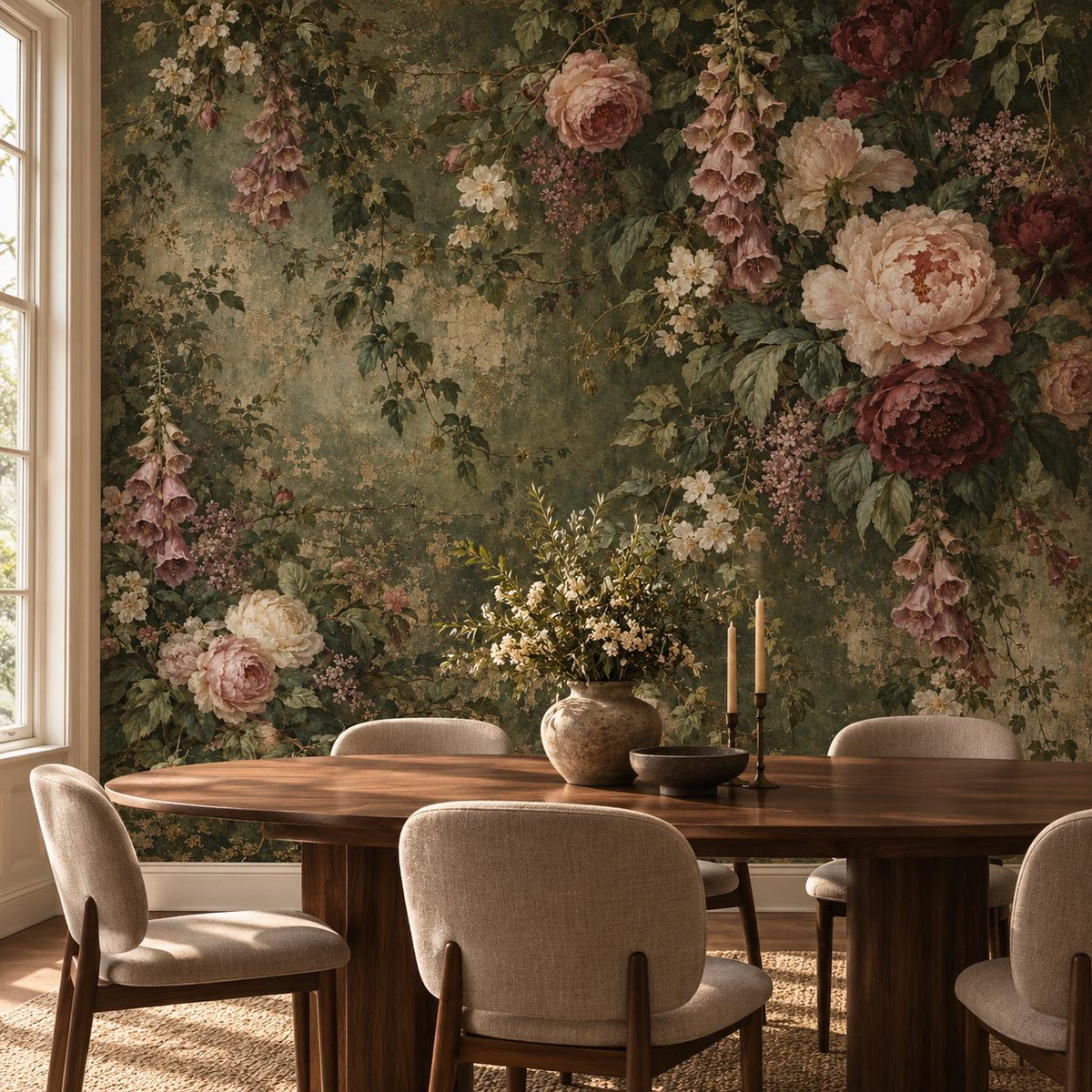 Aged Green Floral: dining room wallpaper mockup
