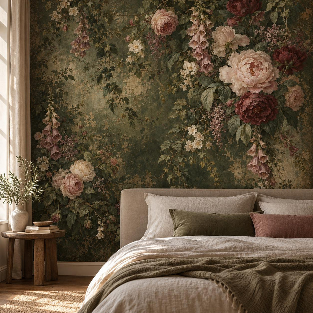 Aged Green Floral: guest room wallpaper mockup
