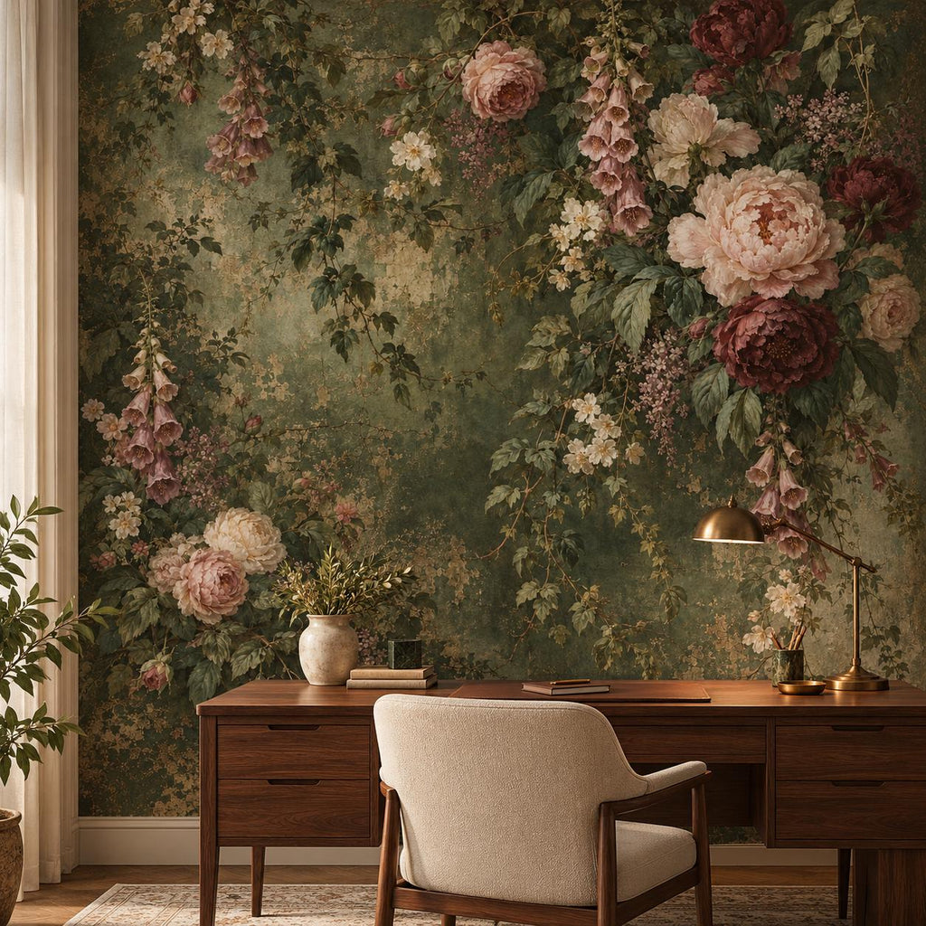 Aged Green Floral: home office wallpaper mockup
