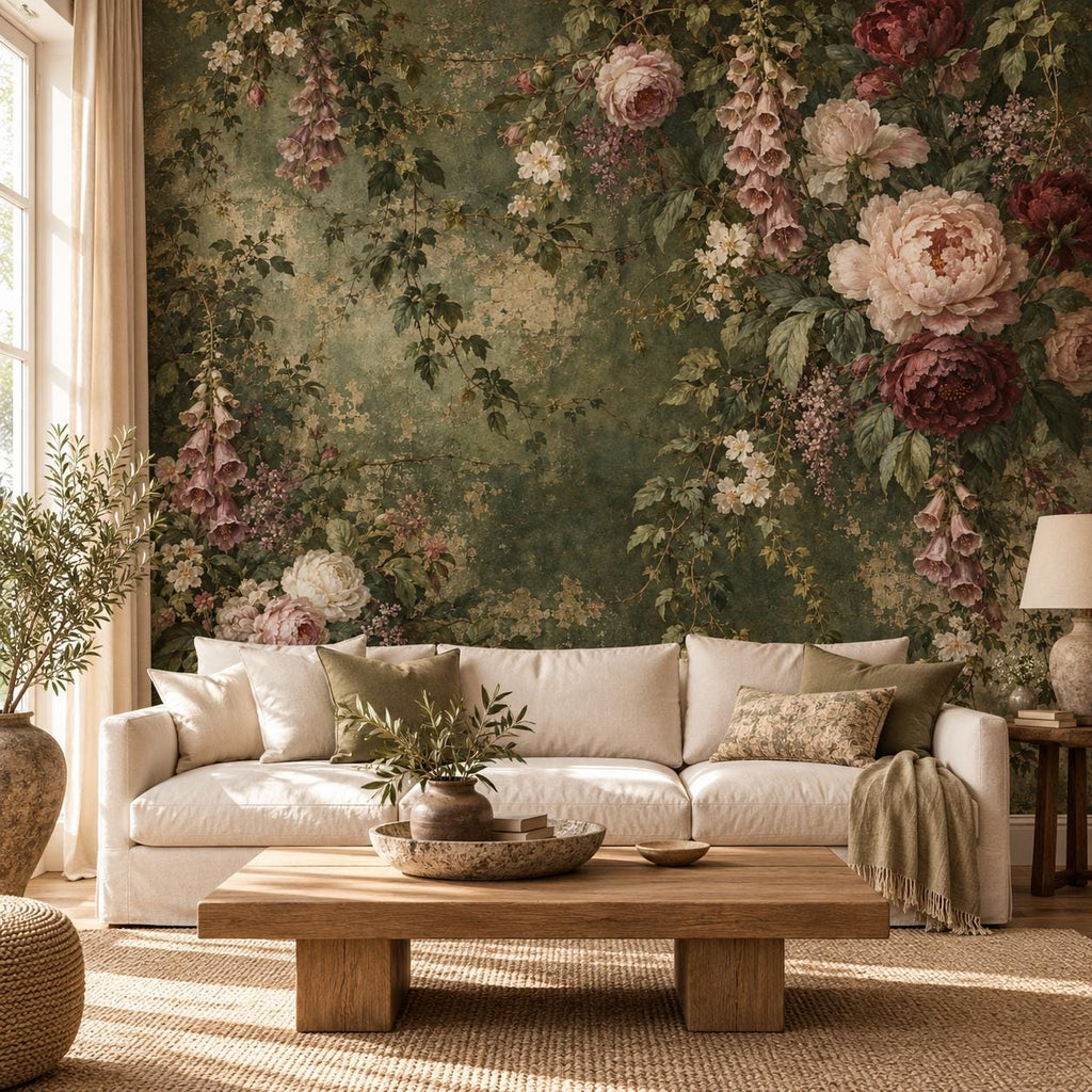 Aged Green Floral: cover living room wallpaper mockup