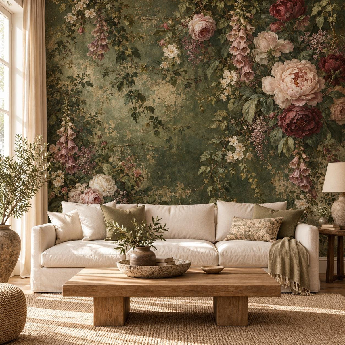 Aged Green Floral: cover living room wallpaper mockup