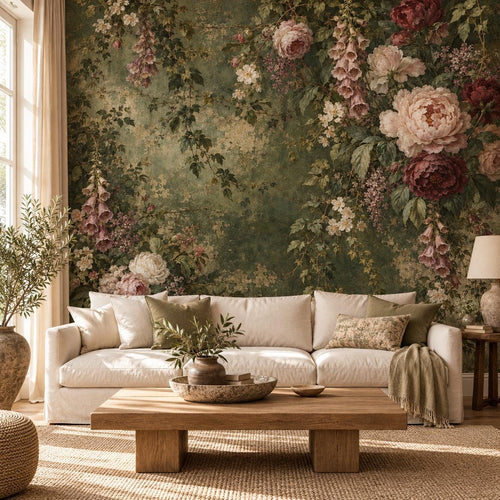 Aged Green Floral: cover living room wallpaper mockup
