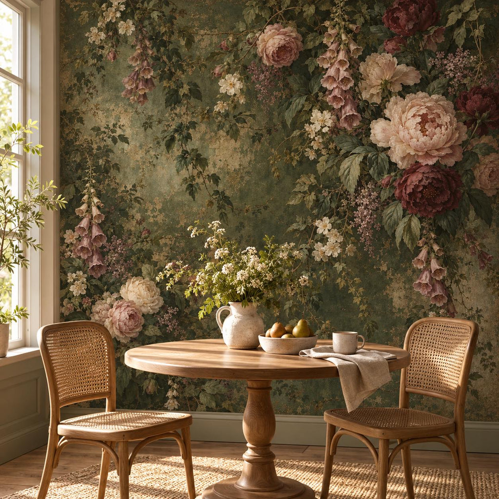 Aged Green Floral: breakfast nook wallpaper mockup