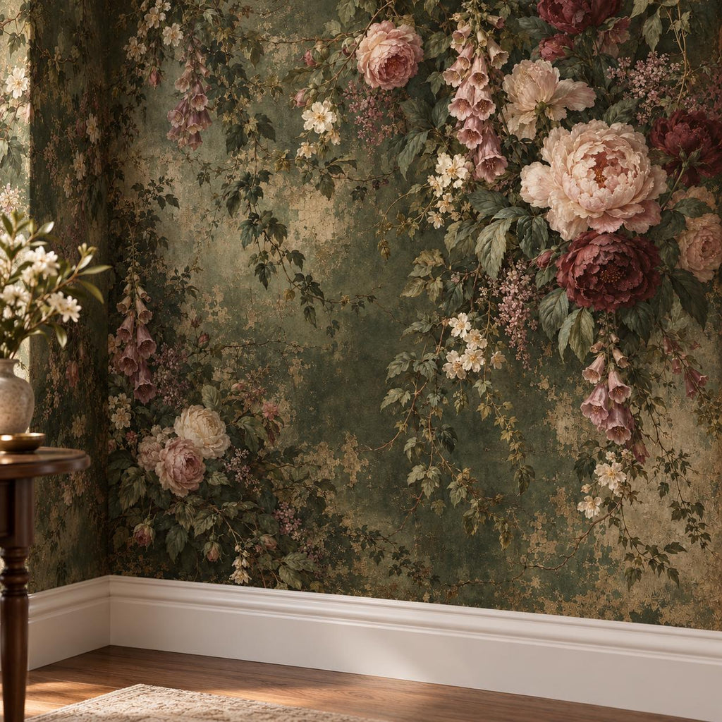 Aged Green Floral: installed wall detail wallpaper mockup