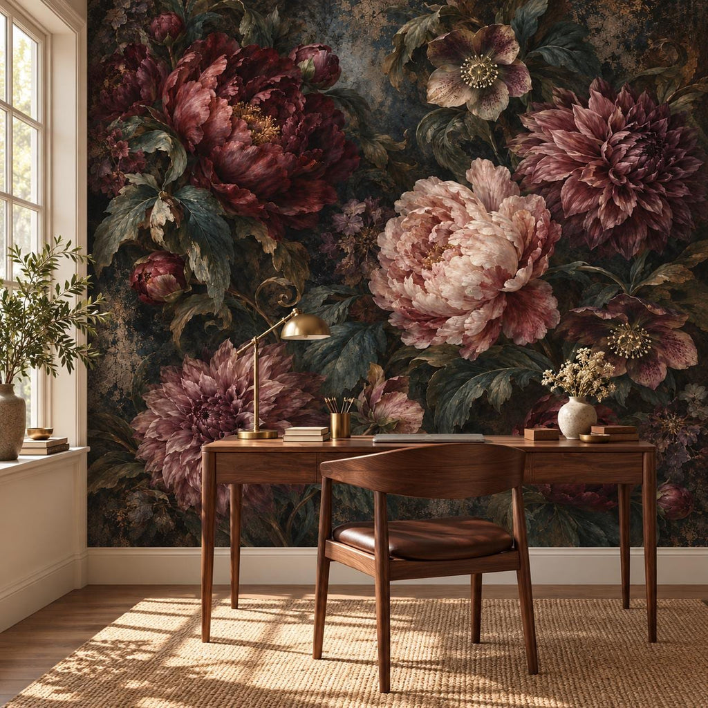 Moody Floral Wallpaper — home office