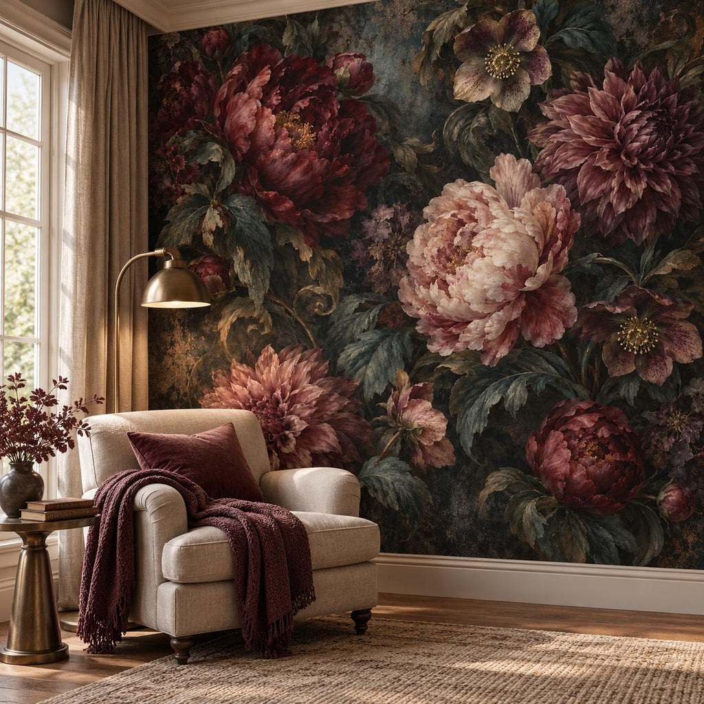 Moody Floral Wallpaper — reading nook
