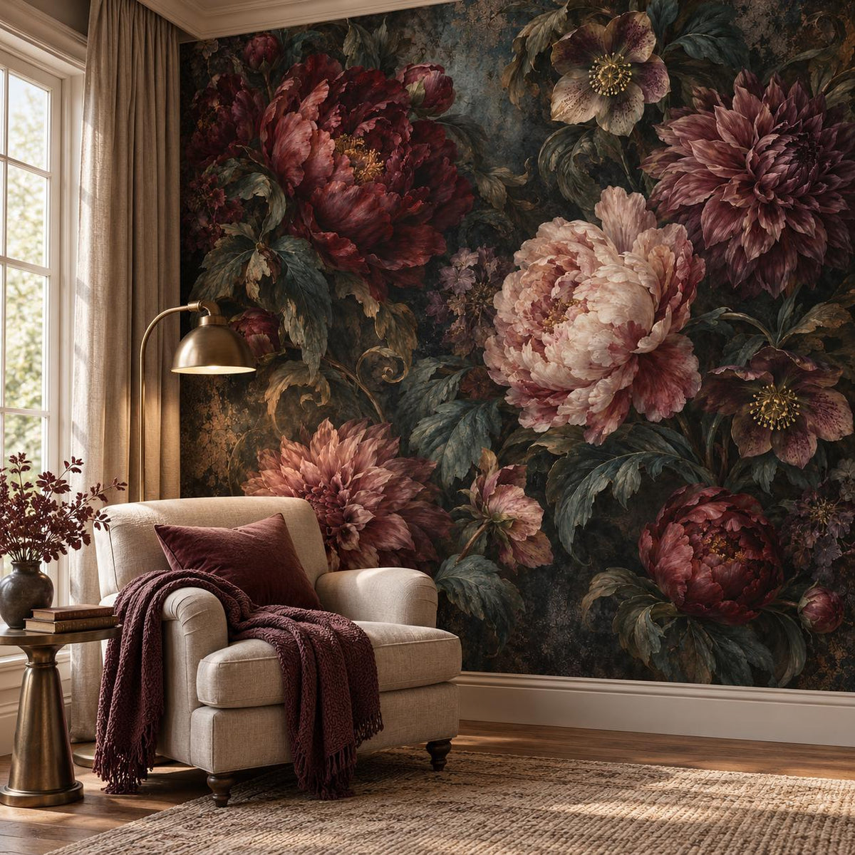 Moody Floral Wallpaper — reading nook