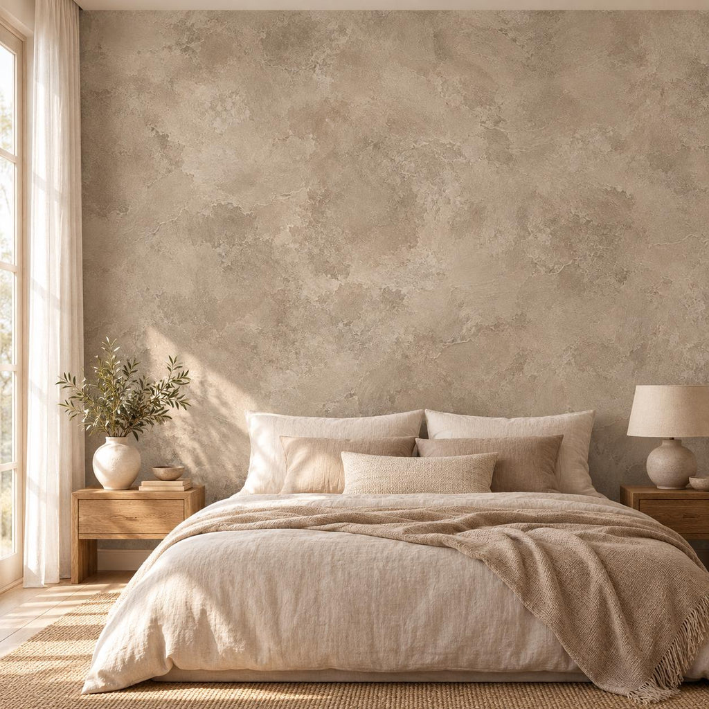 Mushroom Taupe Plaster Wallpaper — bedroom