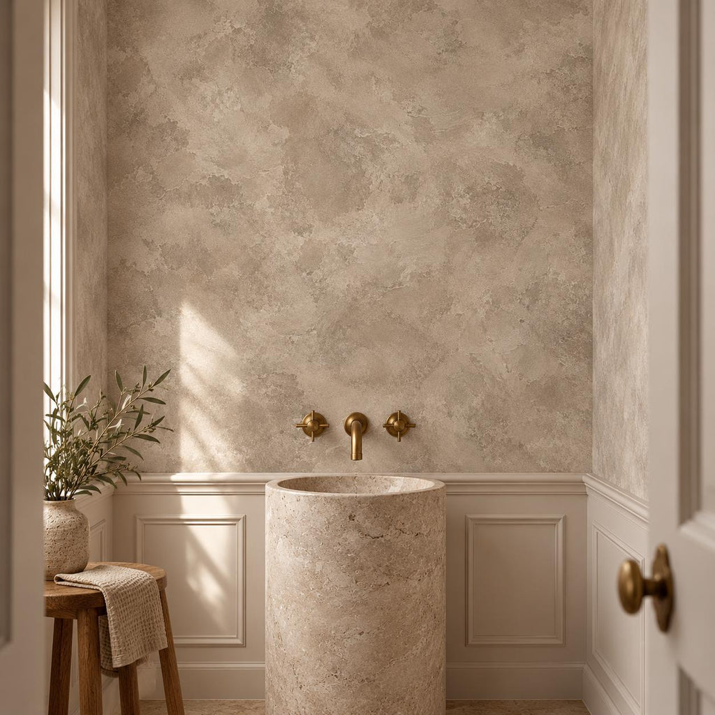 Mushroom Taupe Plaster Wallpaper — powder room