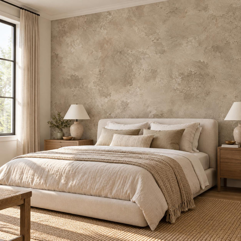 Mushroom Taupe Plaster Wallpaper — guest room