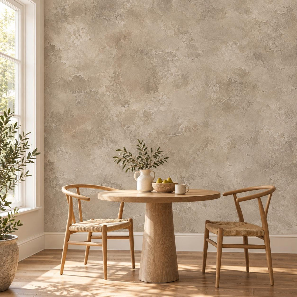 Mushroom Taupe Plaster Wallpaper — breakfast nook