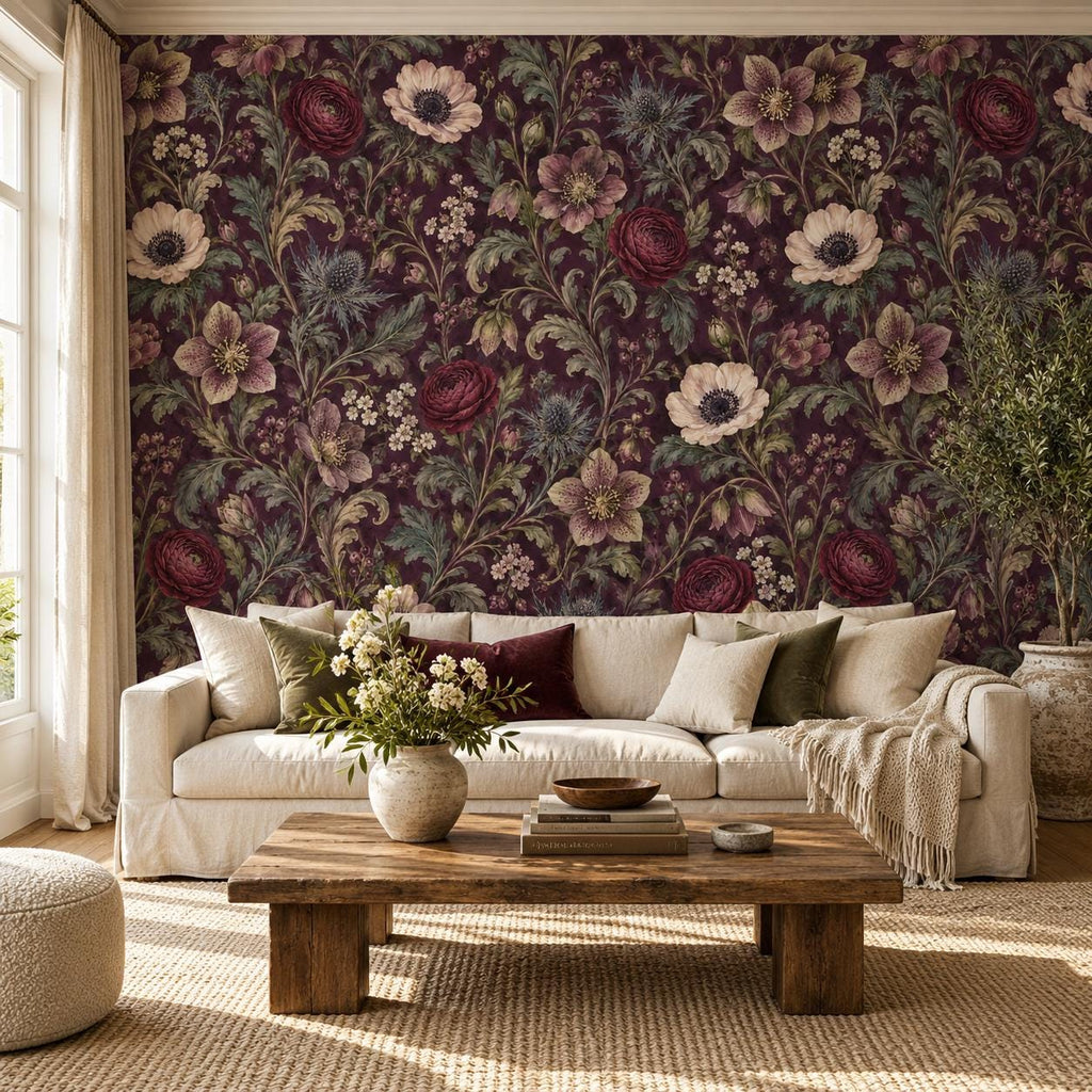 Deep Plum Floral Wallpaper — cover living room