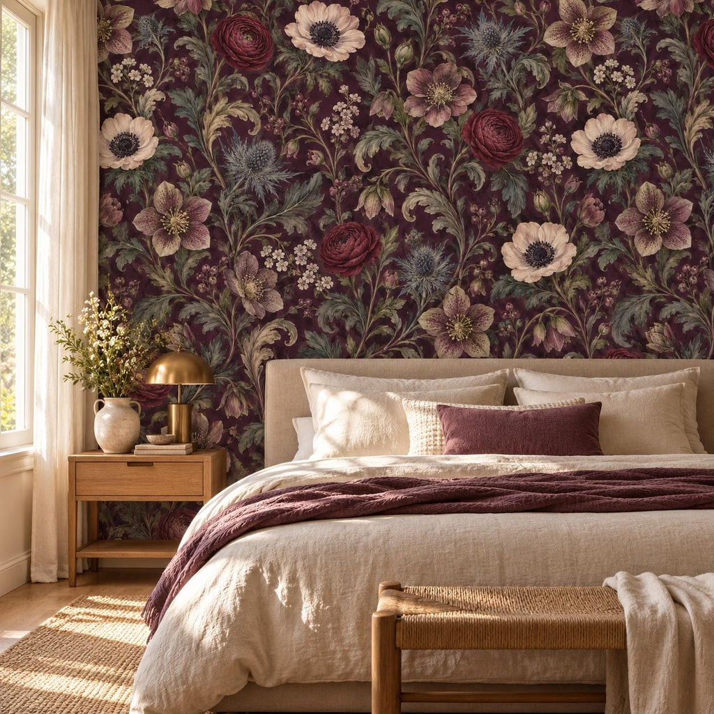 Deep Plum Floral Wallpaper — bedroom