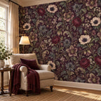 Deep Plum Floral Wallpaper — reading nook