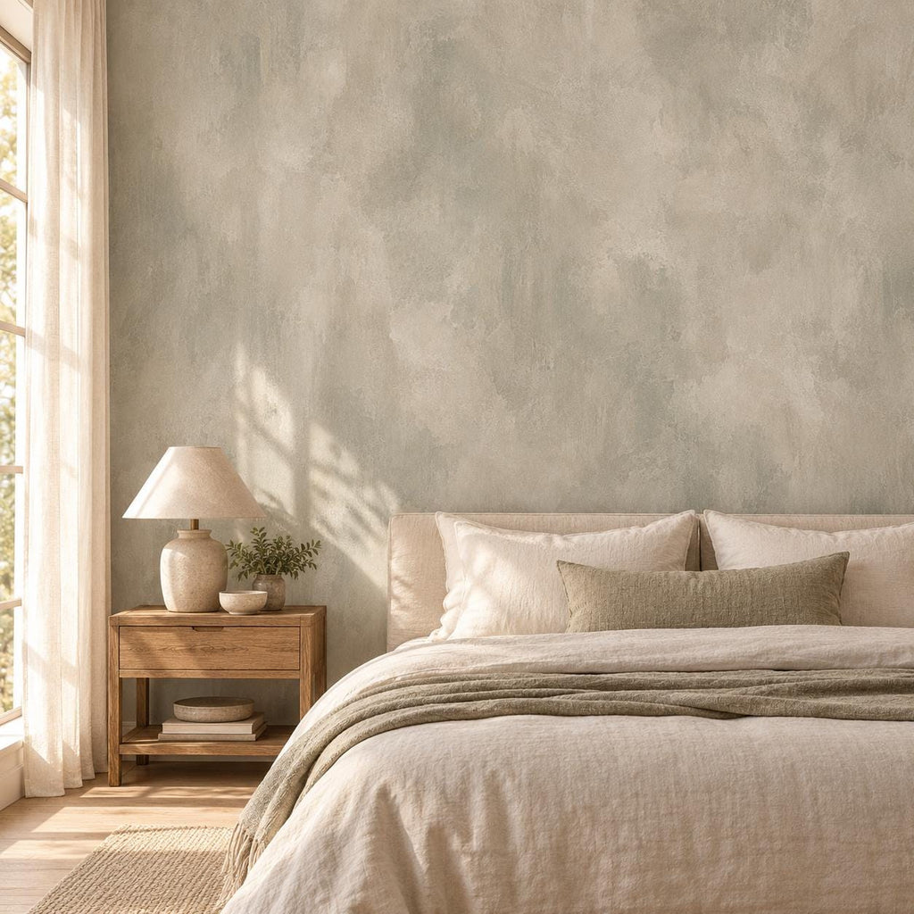 Greige Limewash Wallpaper — bedroom