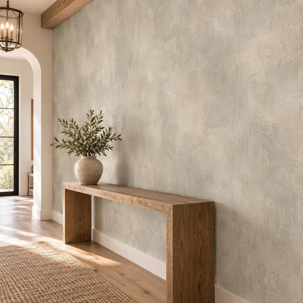Greige Limewash Wallpaper — entryway