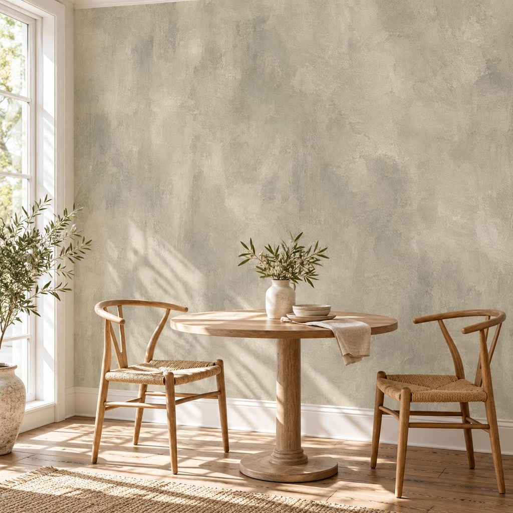 Greige Limewash Wallpaper — breakfast nook
