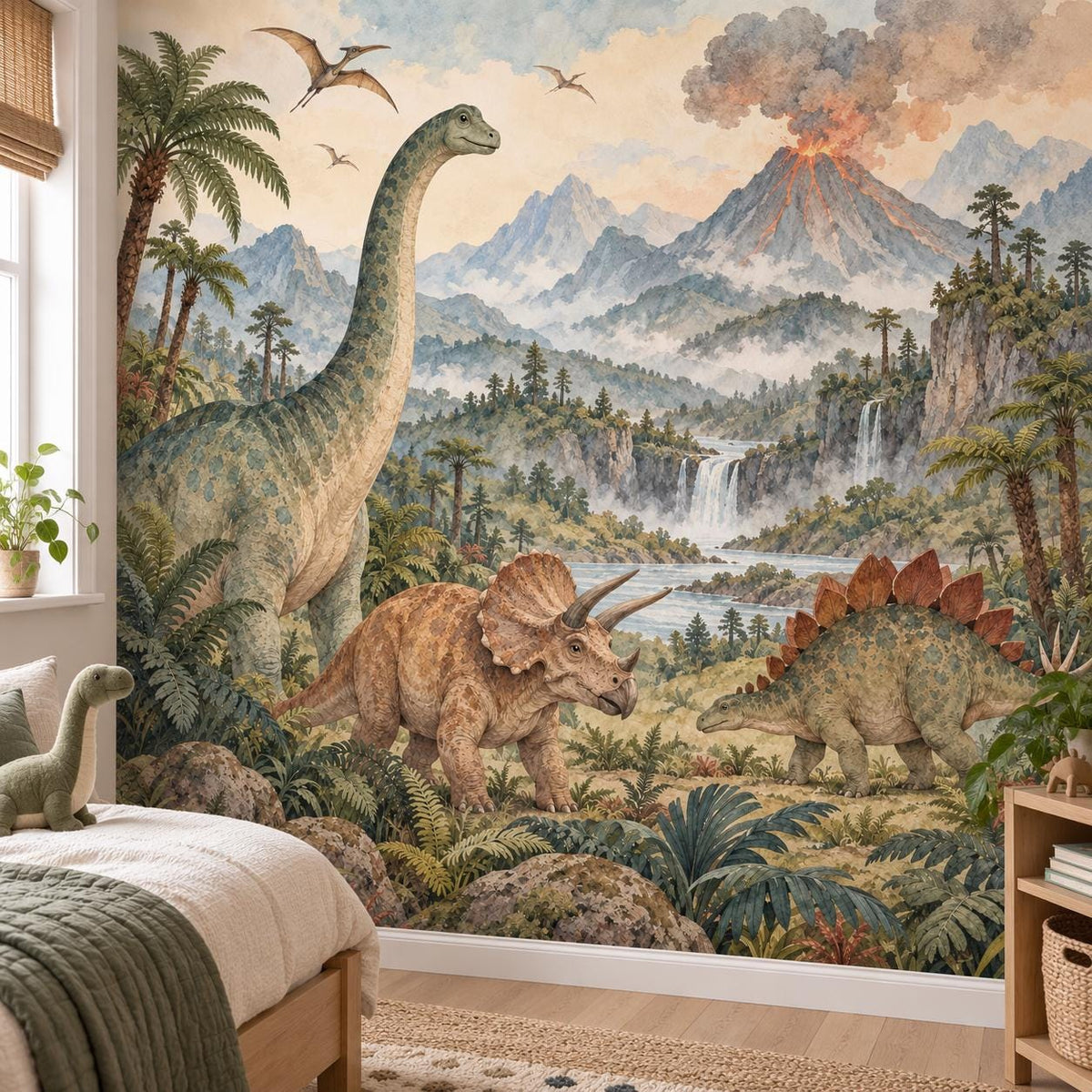 Dinosaur Landscape: installed wall detail wallpaper mockup