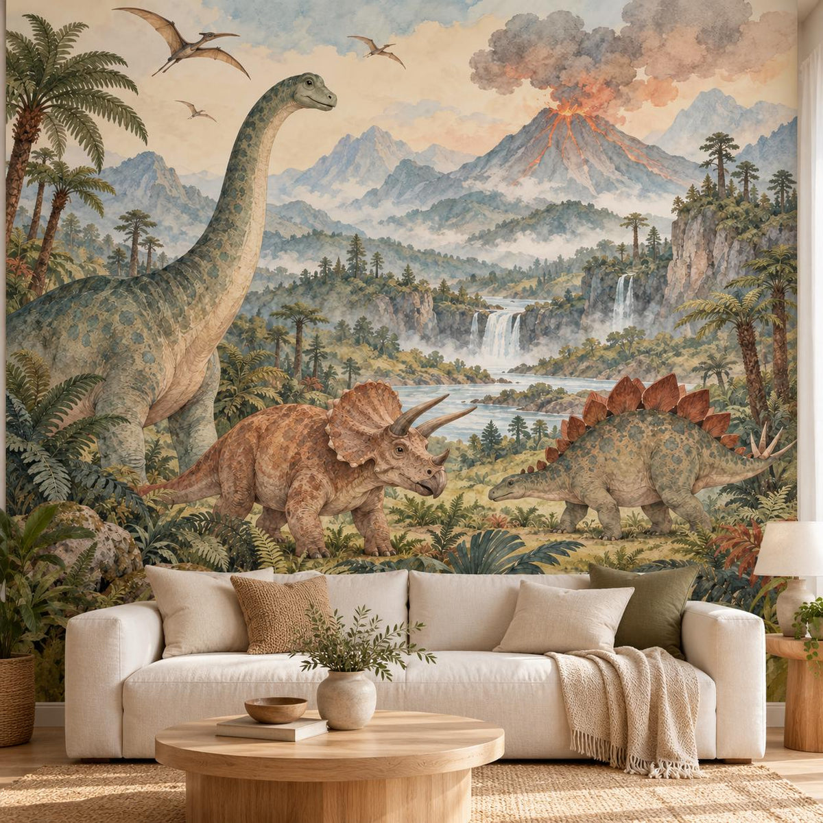 Dinosaur Landscape: cover living room wallpaper mockup