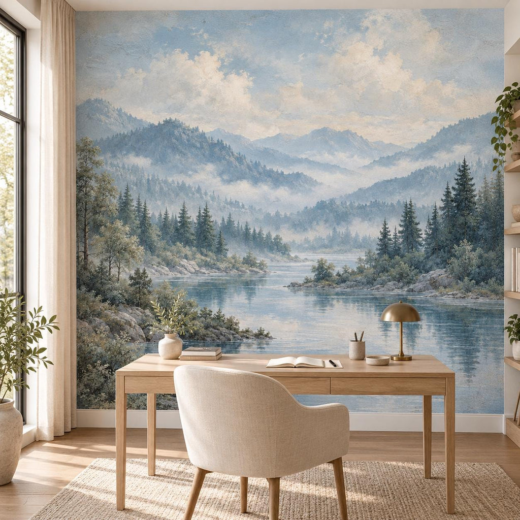 Powder Blue Forest: home office wallpaper mockup