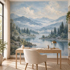 Powder Blue Forest: home office wallpaper mockup