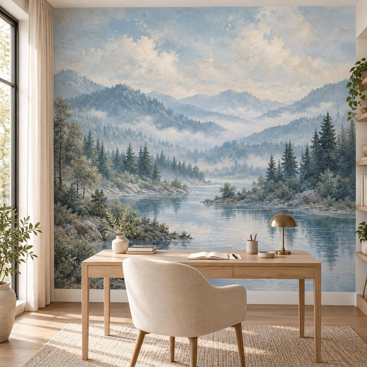 Powder Blue Forest: home office wallpaper mockup