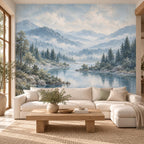 Powder Blue Forest: cover living room wallpaper mockup
