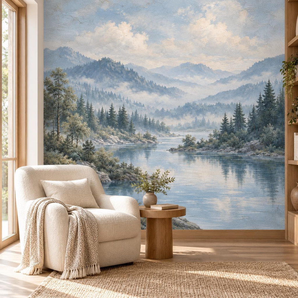 Powder Blue Forest: reading nook wallpaper mockup