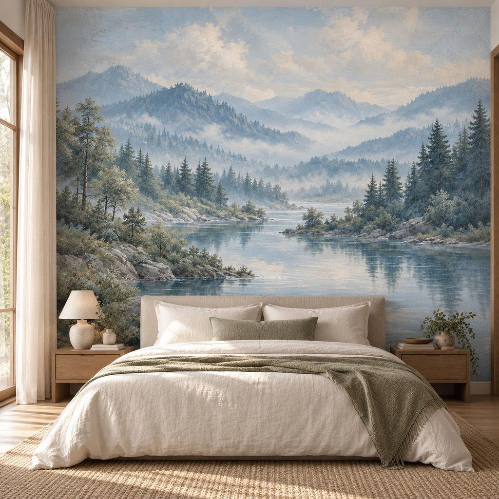 Powder Blue Forest: guest room wallpaper mockup