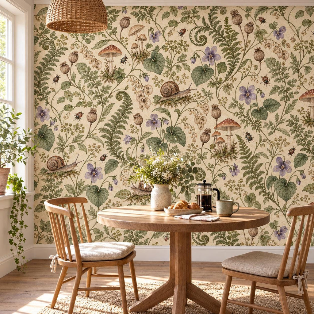 Snail Mushroom: breakfast nook wallpaper mockup