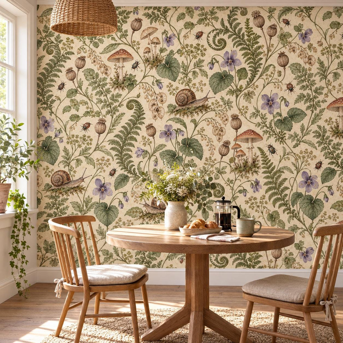 Snail Mushroom: breakfast nook wallpaper mockup